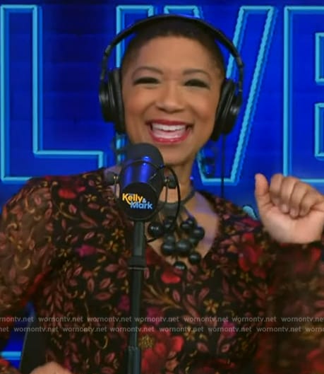 Deja Vu's black floral print mini dress on Live with Kelly and Mark