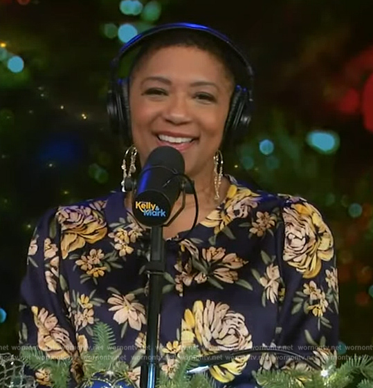 Deja Vu's black floral print tie neck dress on Live with Kelly and Mark