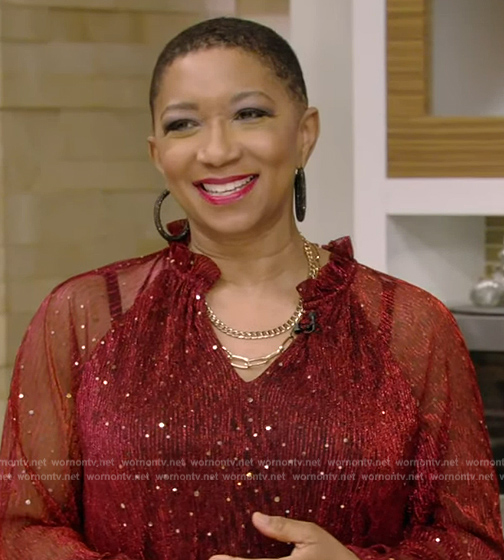 Deja Vu's red v-neck metallic dress on Live with Kelly and Mark