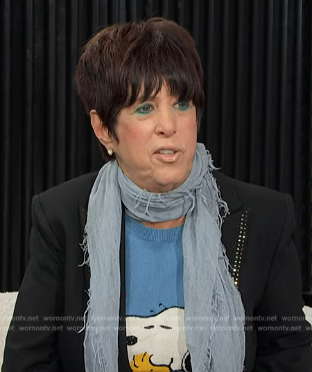 Diane Warren's blue snoopy sweater on E! News