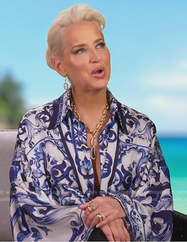 Dorinda's blue printed confessional blouse on The Real Housewives Ultimate Girls Trip