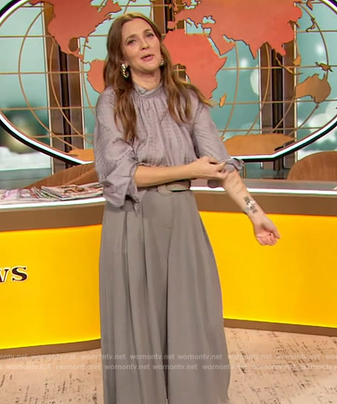 Drew's gray mock neck blouse on The Drew Barrymore Show