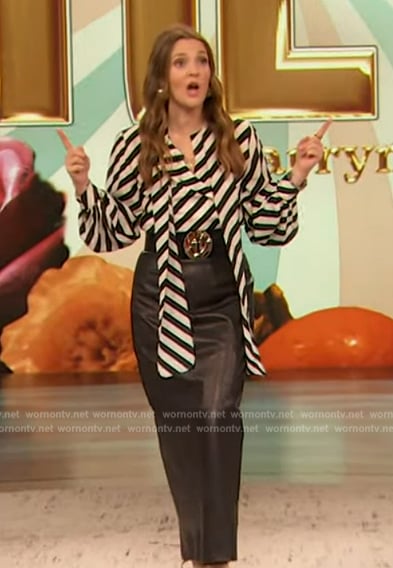 Drew's black leather skirt on The Drew Barrymore Show