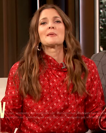 Drew's red satin printed blouse on The Drew Barrymore Show