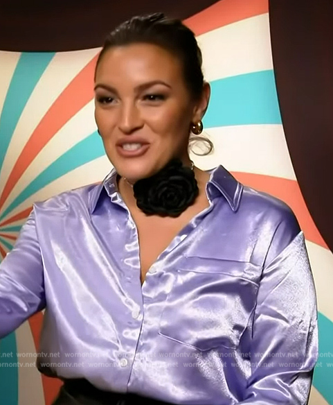 Emily Orozco's purple satin blouse on Access Hollywood