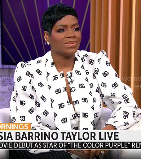 Fantasia Barrino Taylor's white DG logo blouse on CBS Mornings