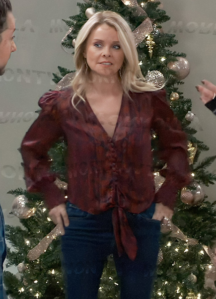 Felicia's red and black floral tie waist blouse on General Hospital