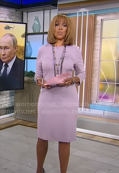 Gayle King's light purple statement sleeve sheath dress on CBS Mornings