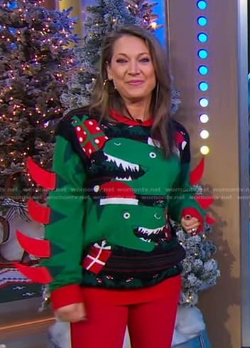 Ginger's dinosaur ugly christmas sweater on Good Morning America