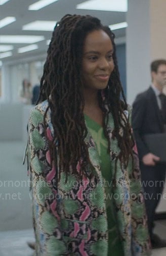 Hazel's green snake leather blazer on The Other Black Girl