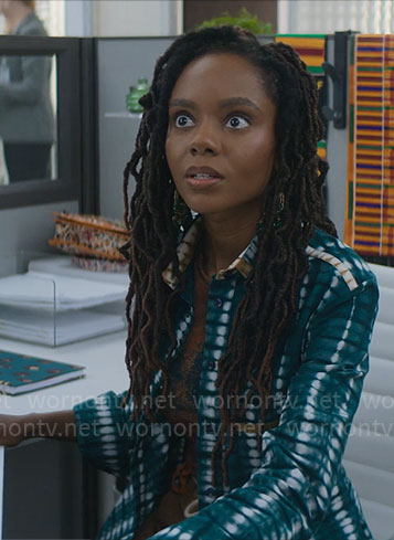Hazel's green tie dye shirt on The Other Black Girl