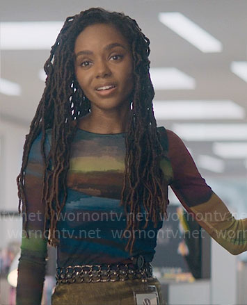 Hazel's landscape print mesh top on The Other Black Girl