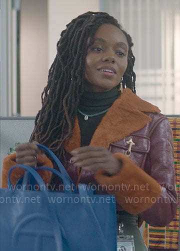 Hazel's red and orange leather and fur jacket on The Other Black Girl