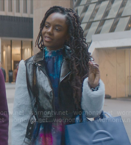 Hazel's galaxy print top and leather jacket with fur sleeves on The Other Black Girl