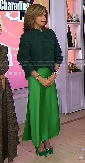 Hoda's green cable knit sweater and satin slit skirt on Today