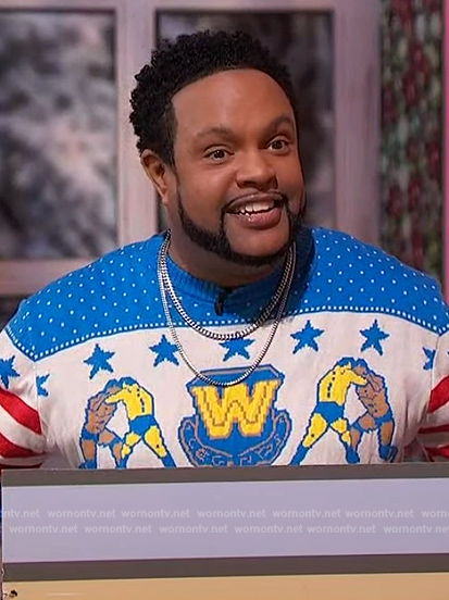 Jawn's blue WWE wrestling sweater on Sherri