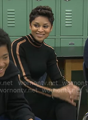 Jericka Duncan's black dress with striped sleeves on CBS Mornings