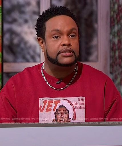 Jawn's red Jet Christmas sweatshirt on Sherri