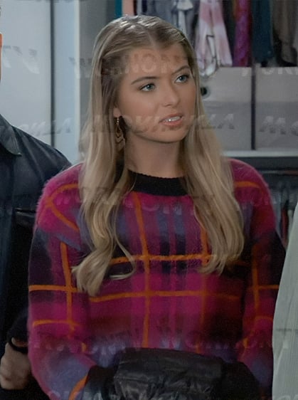 Josslyn's pink and purple plaid fluffy sweater on General Hospital