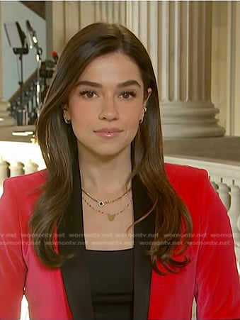 Julie's pink contrast collar velvet blazer on NBC News Daily