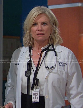 Kayla's white ruffle tie neck dress on Days of our Lives