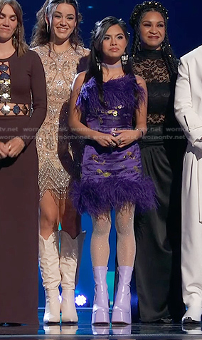 Kaylee Shimizu's purple feather trim dress on The Voice