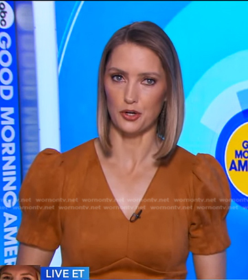 Kayna Whitworth's orange puff sleeve suede dress on Good Morning America