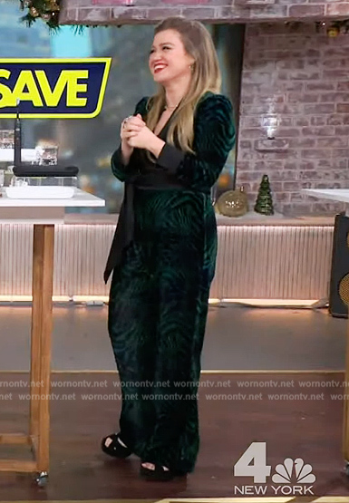 Kelly's green animal print velvet jumpsuit on The Kelly Clarkson Show