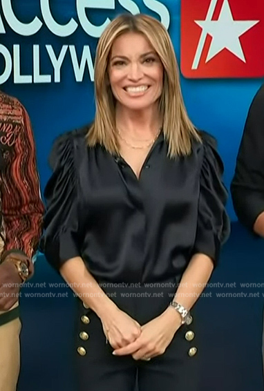 Kit's black satin ruched sleeve top on Access Hollywood