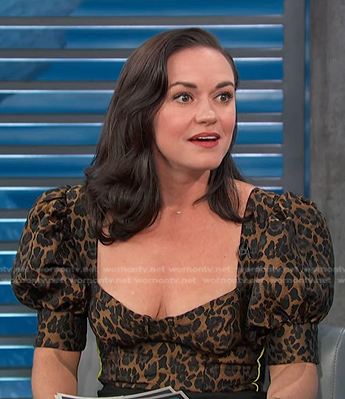 Lindsay Myers's leopard puff sleeve top on Access Hollywood