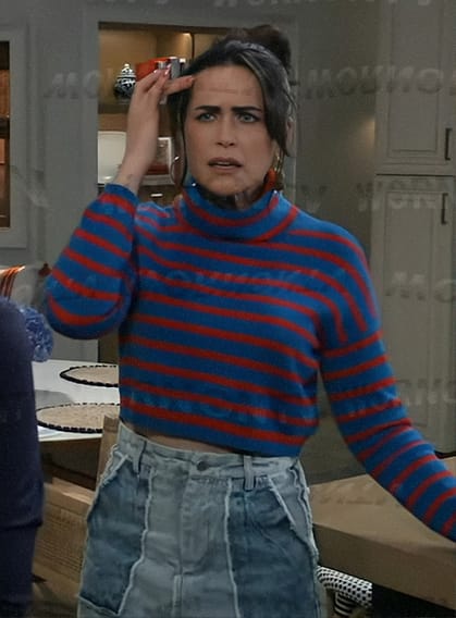 Lois's frayed denim midi skirt and red and blue striped sweater on General Hospital