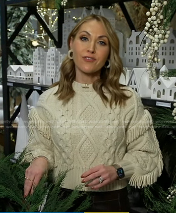 Lori's white cable knit fringed sweater on Good Morning America