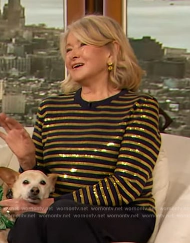 Martha Stewart's gold sequin stripe sweater on The Drew Barrymore Show