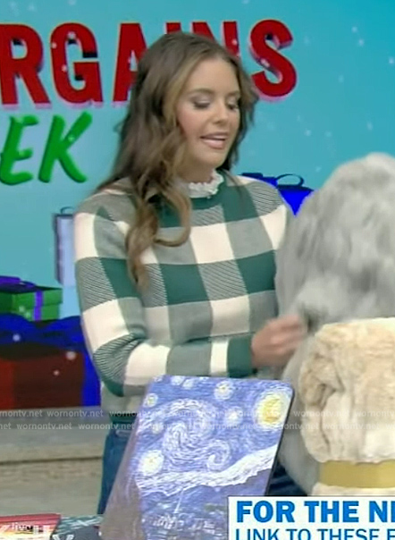 Monica Mangin's green check sweatshirt on Live with Kelly and Mark