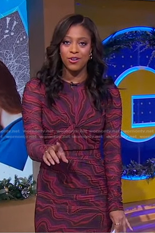 Morgan Norwood's red print asymmetric dress on Good Morning America