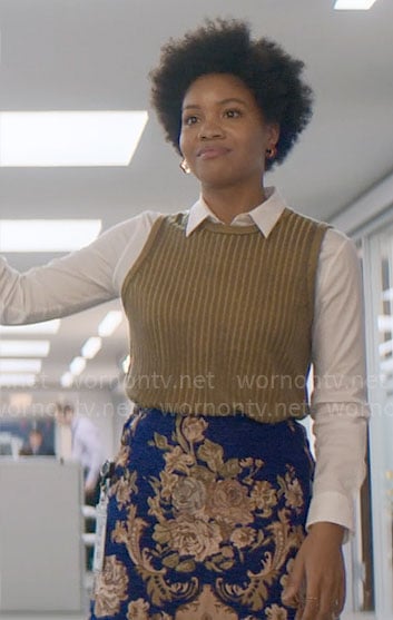 Nella's blue floral skirt on The Other Black Girl