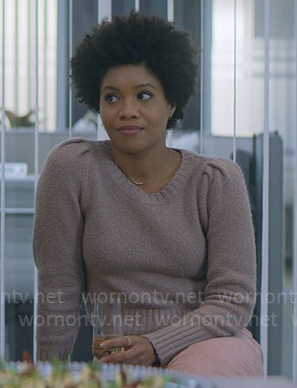 Nella's mauve sweater on The Other Black Girl