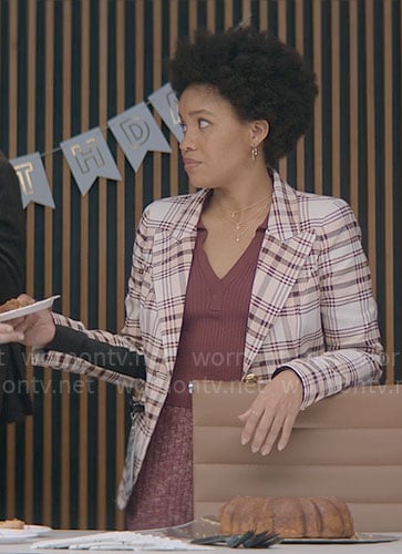 Nella's mauve plaid blazer and rib knit skirt on The Other Black Girl