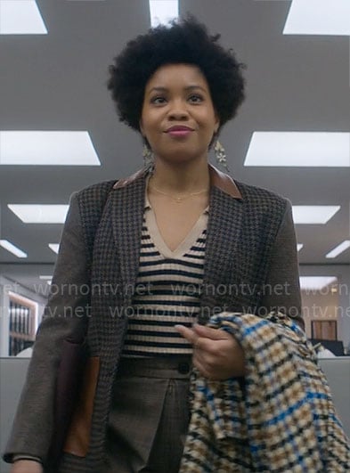 Nella's striped polo top, leather pocket blazer and pleated shorts on The Other Black Girl