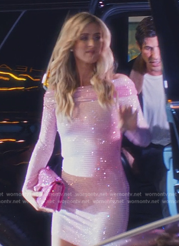 Nicky's pink crystal embellished off shoulder mini dress on Paris in Love