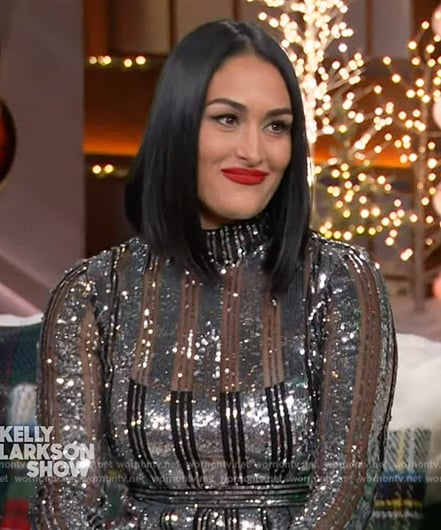Nikki Garcia's silver sequin stripe top on The Kelly Clarkson Show