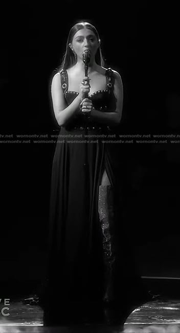 Nini Iris's black studded maxi dress on The Voice