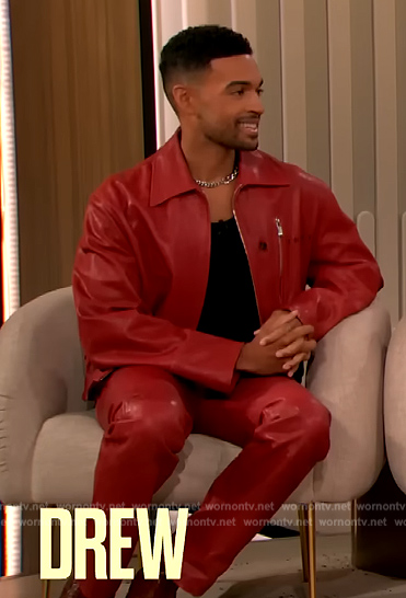 Noah Rickett's red leather jacket on The Drew Barrymore Show
