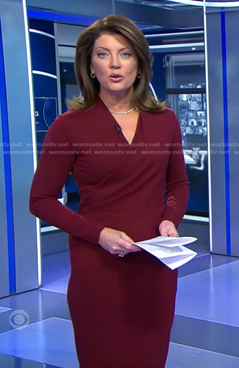 Norah's burgundy wrap sheath dress on CBS Evening News