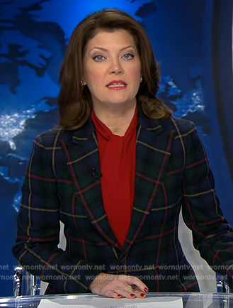 Norah's green plaid blazer and pants on CBS Evening News