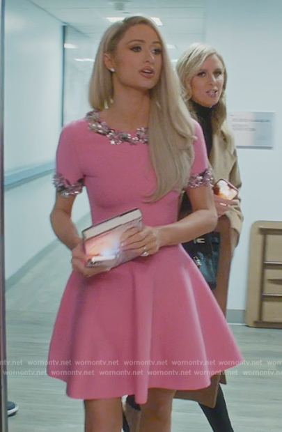 Paris's pink embellished trim flare mini dress on Paris in Love