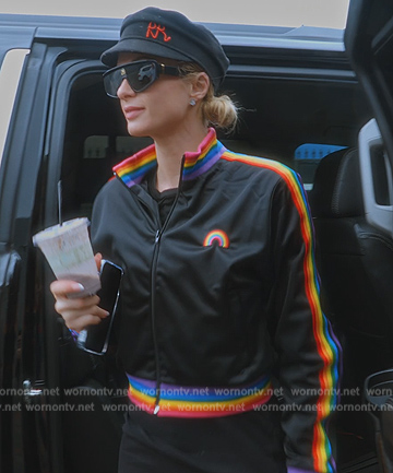 Paris's black velvet rainbow stripe track jacket on Paris in Love