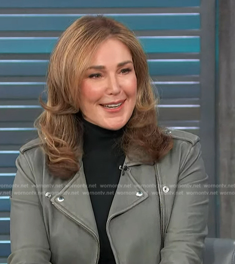Peri Gilpin's gray leather moto jacket on Access Hollywood