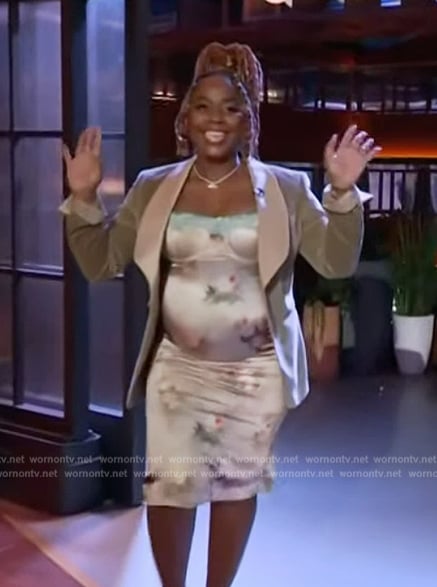 Pinky Cole's green floral lace trim dress on The Kelly Clarkson Show