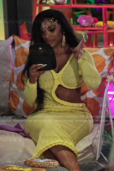 Porsha's yellow cutout long sleeve dress on The Real Housewives Ultimate Girls Trip